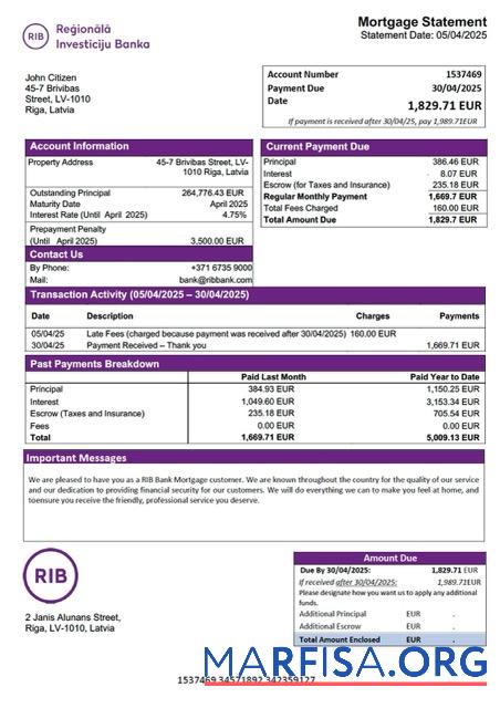 Blank Latvia RIB Bank mortgage statement Word and PDF template